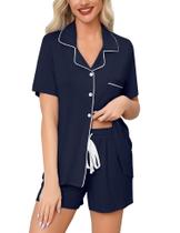 Conjunto de pijama feminino Anjue com botões, manga curta de duas peças Conjunto de pijama feminino Anjue com botões, manga curta de duas peças