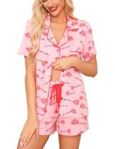 Conjunto de pijama feminino Anjue com botões, manga curta de duas peças Conjunto de pijama feminino Anjue com botões, manga curta de duas peças