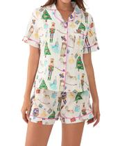 Conjunto de pijama feminino Aonoapll com estampa de quebra-nozes de Natal branco Conjunto de pijama feminino Aonoapll com estampa de quebra-nozes de Natal branco