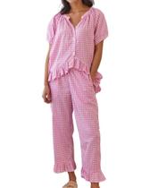 Conjunto de pijama feminino codcm, guingão, 2 peças, manga curta, rosa Conjunto de pijama feminino codcm, guingão, 2 peças, manga curta, rosa