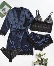 Conjunto De Pijama Feminino Com Detalhes Em Renda Listrada 4 Peças Camisola Shorts Calcinhas Roupa