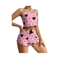 Conjunto De Pijama Feminino Com Estampa De Coração, Top Cami E Shorts, Loungewear Fofo Com Laço,