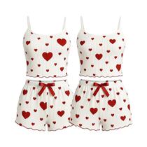 Conjunto De Pijama Feminino Com Estampa De Coração, Top Cropped Sem Mangas E Shorts, Roupa De Dormir Conjunto De Pijama Feminino Com Estampa De Coração, Top Cropped Sem Mangas E Shorts, Roupa De Dormir