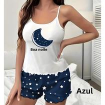 Conjunto De Pijama Feminino Com Estampa De Estrela E Lua Azul, 2 Peças, Manga Curta, Roupa De Dormir