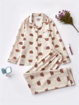 Conjunto De Pijama Feminino Com Estampa De Urso Confortável, Camisa De Manga Longa Com Botões E Conjunto De Pijama Feminino Com Estampa De Urso Confortável, Camisa De Manga Longa Com Botões E