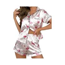 Conjunto De Pijama Feminino Com Estampa Floral, Manga Curta, Botão, Cintura Elástica, Shorts,