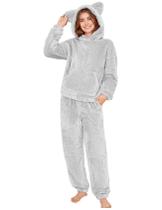 Conjunto de pijama feminino COZYPOIN com capuz felpudo, orelha de urso, lã fofa Conjunto de pijama feminino COZYPOIN com capuz felpudo, orelha de urso, lã fofa