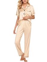 Conjunto de pijama feminino CUPSHE, seda, cetim, manga curta, cáqui, S