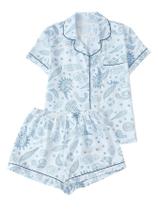 Conjunto de pijama feminino de 2 peças com estampa de tartaruga-marinha azul, tamanho G