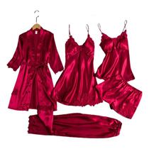 Conjunto de pijama feminino de cetim, 5 peças com painéis de renda, casamento 2024