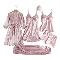 Conjunto de pijama feminino de cetim, 5 peças com painéis de renda, noite de núpcias Conjunto de pijama feminino de cetim, 5 peças com painéis de renda, noite de núpcias