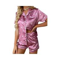 Conjunto De Pijama Feminino De Cetim Com Estampa De Coração, Camisa De Manga Curta Com Gola Lapela E