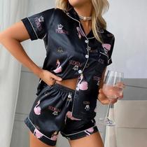 Conjunto De Pijama Feminino De Cetim Com Estampa De Corações, Blusa De Manga Curta Com Gola Lapela E