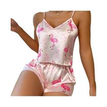 Conjunto De Pijama Feminino De Cetim Com Estampa De Flamingo, Top Cami Com Decote Em V E Shorts