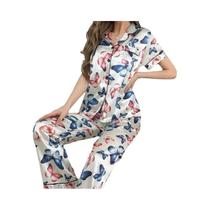 Conjunto De Pijama Feminino De Cetim Com Estampa De Gato Fofo, Blusa De Manga Comprida Com Gola