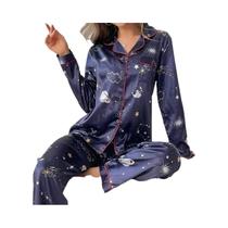 Conjunto De Pijama Feminino De Cetim Com Estampa De Gato Fofo, Blusa De Manga Comprida Com Gola