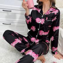 Conjunto De Pijama Feminino De Cetim Com Estampa De Gato Fofo, Blusa De Manga Longa Com Gola Lapela