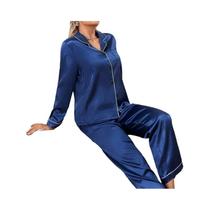 Conjunto De Pijama Feminino De Cetim Com Manga Longa, Botões, Gola Lapela E Calças Elásticas, 2