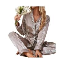 Conjunto De Pijama Feminino De Cetim, Manga Comprida, Com Botões, Calças, Roupa De Dormir Casual,