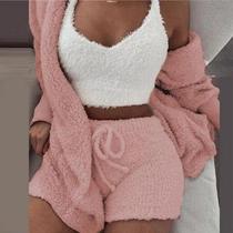 Conjunto De Pijama Feminino De Inverno Quente E Grosso Com Pelúcia Longa, Colete De Manga Comprida E