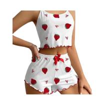 Conjunto De Pijama Feminino De Malha Canelada Com Estampa De Morango Em Seda Gelada, Confortável,
