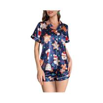 Conjunto De Pijama Feminino De Natal Com Estampa De Cervo E Doces, Blusa De Seda De Manga Curta Com