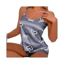 Conjunto de Pijama Feminino de Seda Gelada - Camisola e Shorts (P, M, G, GG) - Cinza e Rosa Conjunto de Pijama Feminino de Seda Gelada - Camisola e Shorts (P, M, G, GG) - Cinza e Rosa
