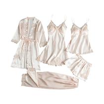 Conjunto De Pijama Feminino De Seda Gelada Com Camisola De Manga Comprida E Shorts, E Robe Sem