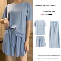 Conjunto De Pijama Feminino De Seda Gelada De Três Peças Confortável E Solto Com Manga Curta Para