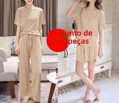 Conjunto De Pijama Feminino De Seda Gelada De Três Peças Confortável E Solto Com Manga Curta Para Conjunto De Pijama Feminino De Seda Gelada De Três Peças Confortável E Solto Com Manga Curta Para