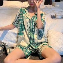 Conjunto De Pijama Feminino De Seda Verde Com Manga Curta Sexy E Respirável, Cardigan Com Lapela