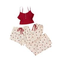 Conjunto De Pijama Feminino De Três Peças Com Estampa De Coração, Regata, Shorts E Calças Com