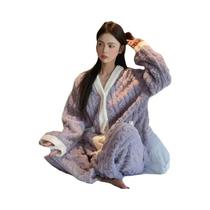 Conjunto De Pijama Feminino De Veludo Grosso Acolchoado Para Outono Inverno, Cardigã Quente E