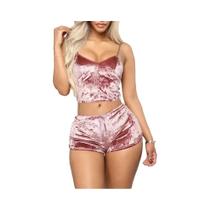 Conjunto De Pijama Feminino De Veludo Sem Mangas Com Decote Em V Confortável Poliéster Camisola