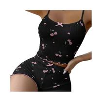 Conjunto De Pijama Feminino De Verão Com Estampa De Coração, Top Cropped Com Decote Redondo E