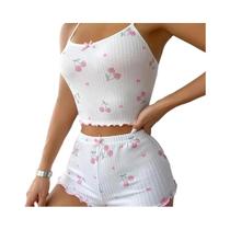 Conjunto De Pijama Feminino De Verão Com Estampa De Coração, Top Cropped Com Decote Redondo E