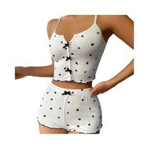 Conjunto De Pijama Feminino De Verão Com Top Cropped Canelado Justo E Shorts, Estampado Fofo, Com Conjunto De Pijama Feminino De Verão Com Top Cropped Canelado Justo E Shorts, Estampado Fofo, Com