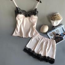 Conjunto De Pijama Feminino De Verão Em Cor Sólida Com Renda Confortável Luxo Leve Em Duas Peças Com