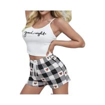 Conjunto De Pijama Feminino De Verão Sexy Com Camisola Estampada E Shorts Xadrez Para Casa