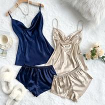 Conjunto De Pijama Feminino De Verão Sexy Em Cetim Sólido, Top E Shorts, Macio E Confortável, Conjunto De Pijama Feminino De Verão Sexy Em Cetim Sólido, Top E Shorts, Macio E Confortável,