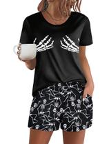 Conjunto de pijama feminino Ekouaer com estampa esquelética de manga curta