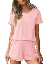 Conjunto de pijama feminino Ekouaer com gola redonda e manga curta rosa Conjunto de pijama feminino Ekouaer com gola redonda e manga curta rosa