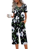 Conjunto de pijama feminino Ekouaer de manga curta de algodão com calça capri Conjunto de pijama feminino Ekouaer de manga curta de algodão com calça capri