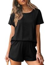 Conjunto de pijama feminino Ekouaer, gola redonda, manga curta, preto Conjunto de pijama feminino Ekouaer, gola redonda, manga curta, preto