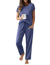 Conjunto de pijama feminino Ekouaer, manga curta, calça comprida, azul marinho Conjunto de pijama feminino Ekouaer, manga curta, calça comprida, azul marinho