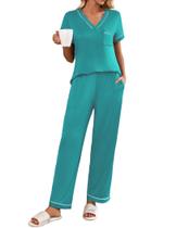 Conjunto de pijama feminino Ekouaer, manga curta, decote em V, verde cerâmico Conjunto de pijama feminino Ekouaer, manga curta, decote em V, verde cerâmico