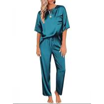 Conjunto De Pijama Feminino Em Cetim De Cor Sólida Com Manga Curta, Roupas Casuais Para Casa, Duas Conjunto De Pijama Feminino Em Cetim De Cor Sólida Com Manga Curta, Roupas Casuais Para Casa, Duas