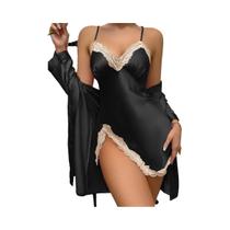 Conjunto De Pijama Feminino Em Cetim Liso Com Manga Longa, Robe De Renda Com Decote Em V E Cinto,