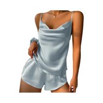 Conjunto De Pijama Feminino Em Cetim Liso Com Top Cami Decote V E Shorts Com Cintura Elástica Para