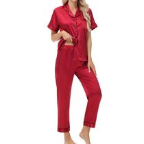 Conjunto de pijama feminino Exemaba de manga curta e calça de cetim Conjunto de pijama feminino Exemaba de manga curta e calça de cetim